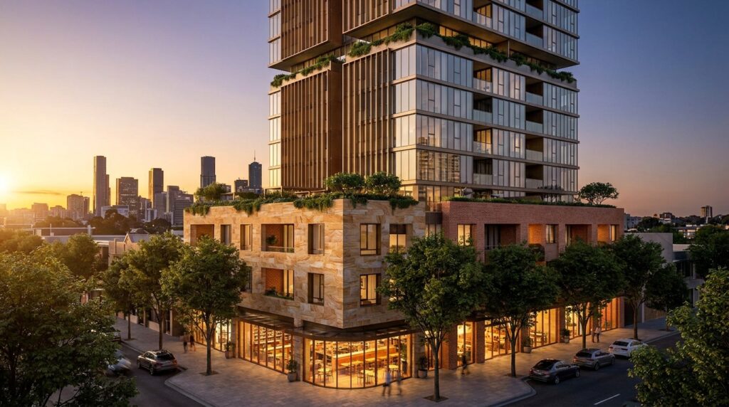 Aerial render of a mixed-use podium tower development, an illustrative visualization example.