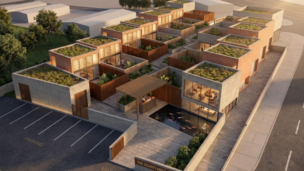 Aerial render of 15 Courtyards, a 12-key boutique hotel concept with rooftop courtyards in Cairo, Georgia.