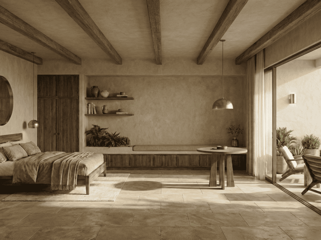 Interior render of a 15 Courtyards guest suite with exposed wood beams, plaster walls, and a private balcony onto greenery.