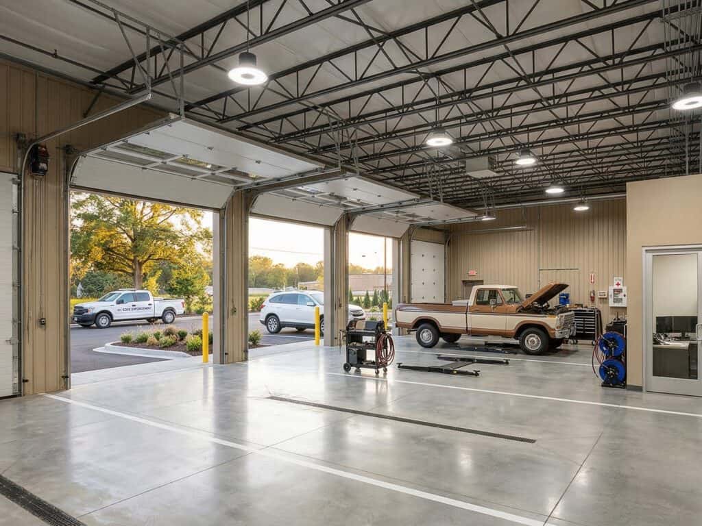 Interior maintenance bay of the Jonesboro Municipal Building, with a city-owned truck on a lift and office area beyond.