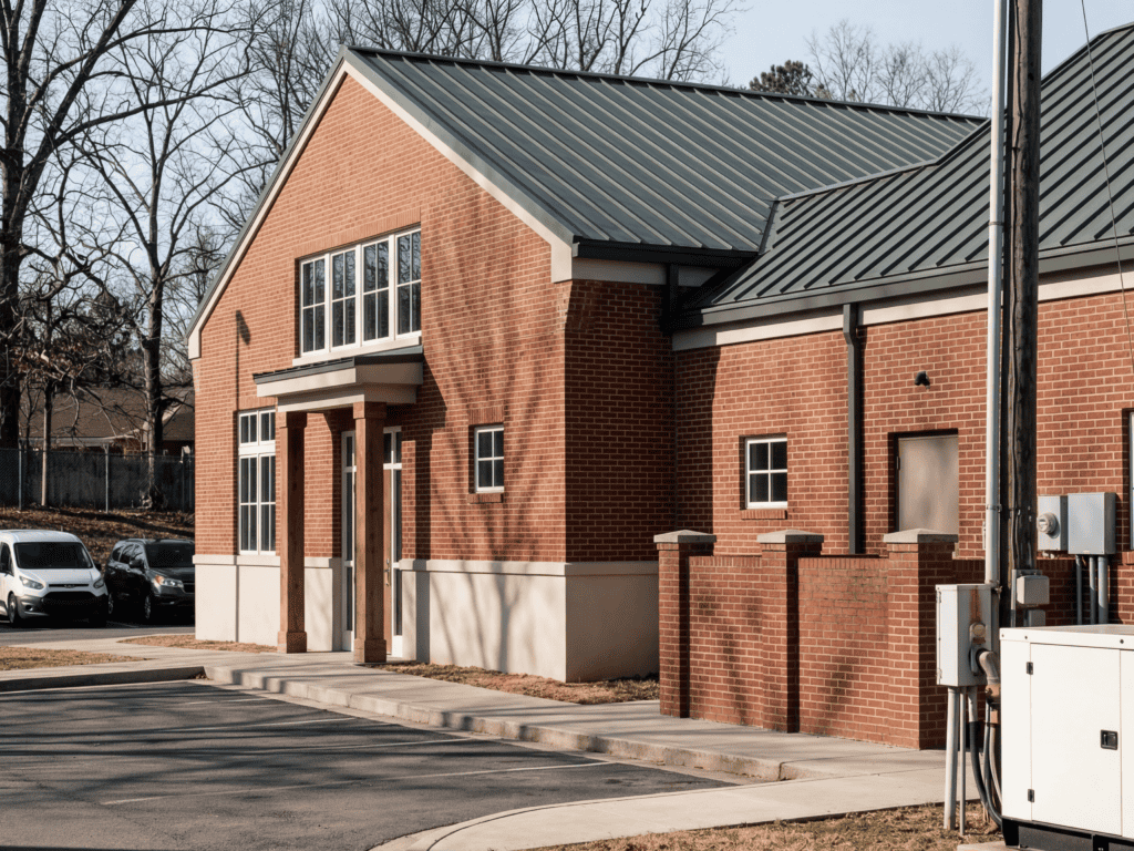 Rear of the Lake City City Hall expansion, with brick walls, green metal roof, and the adjacent generator enclosure.