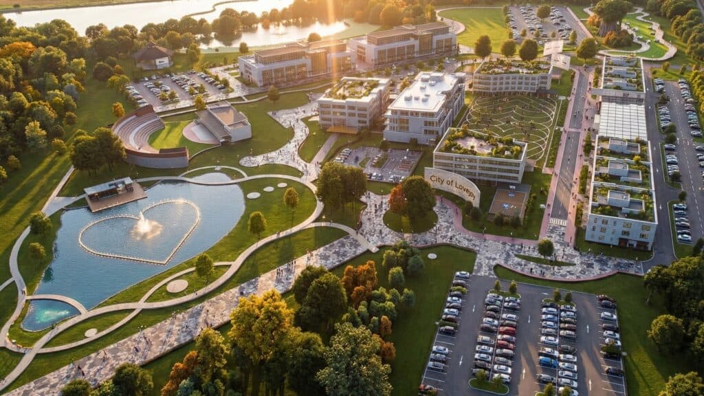 Sunset aerial of the Lovejoy Master Plan showing the community center, fountain pond, and downtown core in Lovejoy, Georgia.