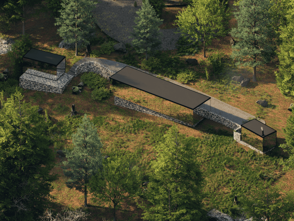 Aerial view of Mirror Haus showing the silver-mirror main cabin and two outbuildings sited in a wooded clearing.