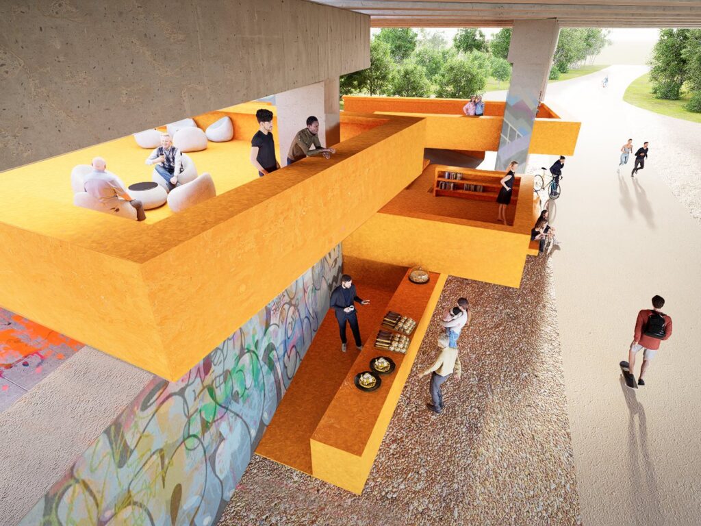 Elevated saffron platform with lounge seating cantilevered over the BeltLine Eastside Trail undercroft.
