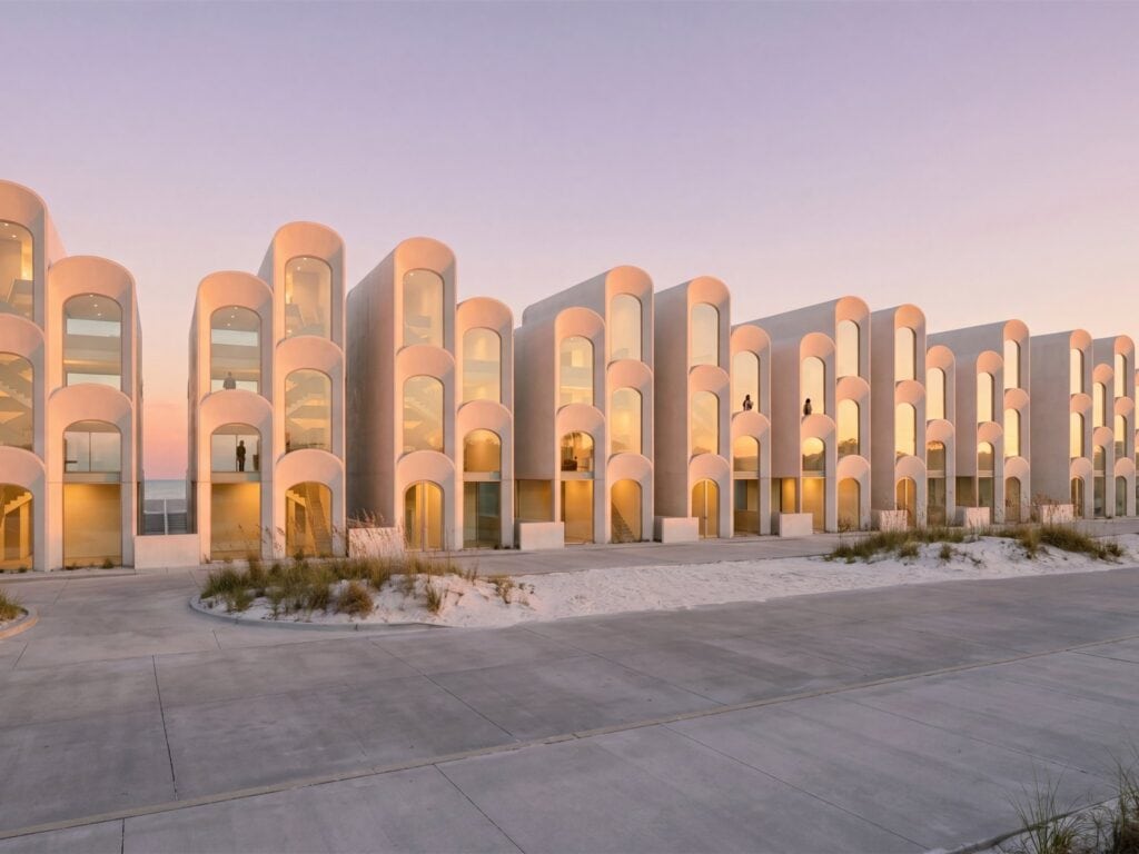 Street elevation of PCB Emerald townhouses at dusk, arched window bays lit from within above white dunes.